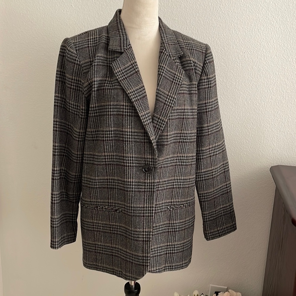 women’s wool houndstooth blazer fully lined gray blue and black P10 ex cond